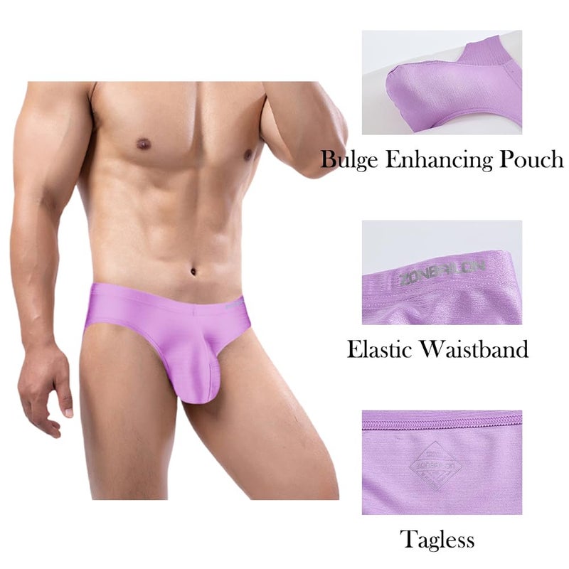 ZONBAILON Mens Sexy Bulge Enhancing Briefs Underwear Low Rise Ice Silk Big Ball Pouch Underpants Purple 2XL - Image 4